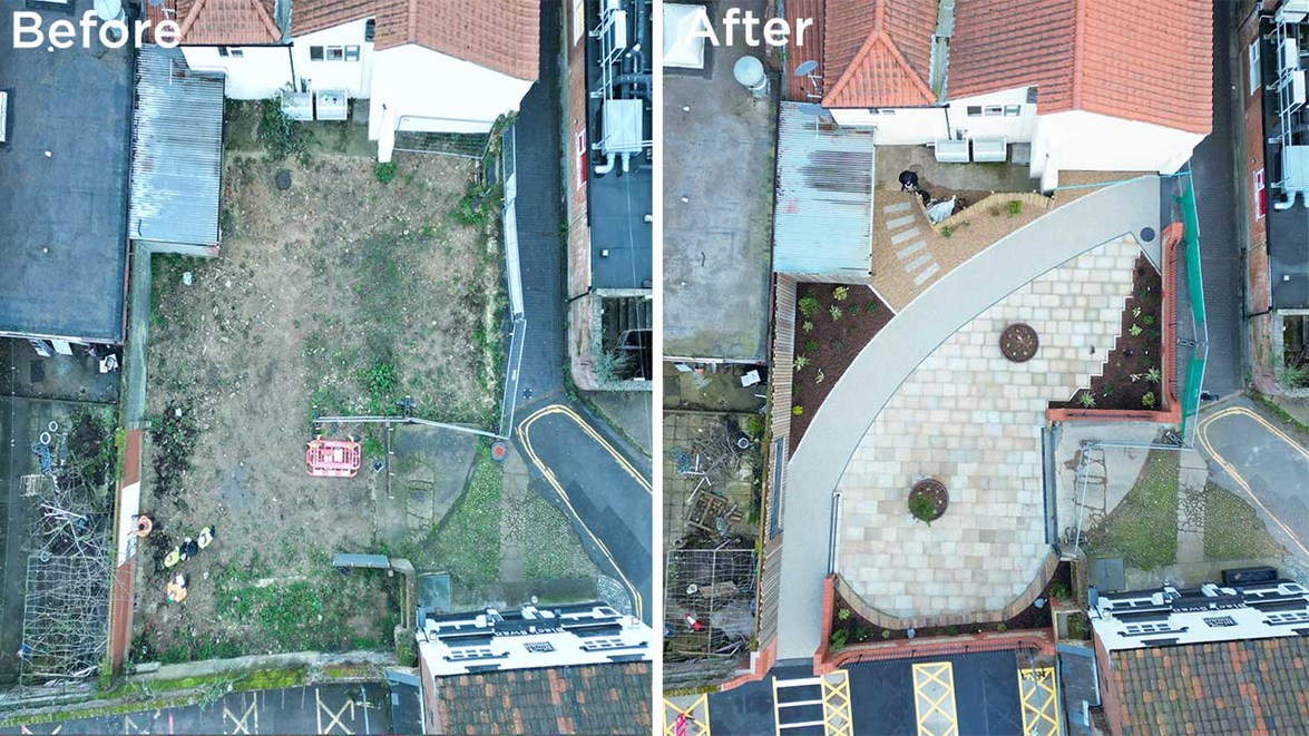 Before and after aerial shots of Black Swan Loke in North Walsham