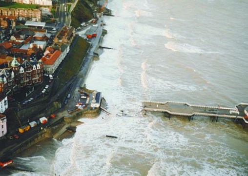 Aerial image of Cromer Pier showing the damage