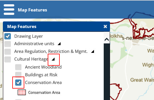 screenshot guidance for using the webmap to view conservation areas